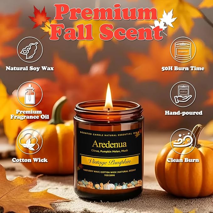 Fall Candles - Vintage Pumpkin Candle | Halloween Candles Pumpkin Scented, 7oz Autumn Soy Candle for Home Scented, 50 Hours Burn Time, Halloween Fall Thanksgiving Gifts for Women Men