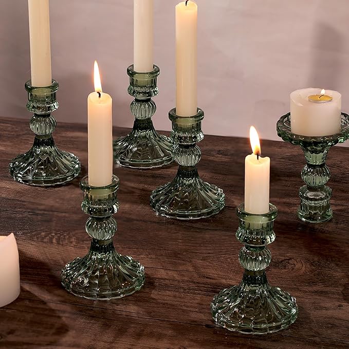12PCS Green Candlestick Holders Set- 4" H Taper Candle Holders, Glass Candle Holders Bulk for Wedding, Party, Home Table Centerpieces, Festival Gifts & Windowsill Decor