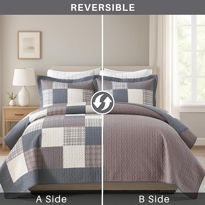 Quilts King Size - Plaid Design Modern Quilt Set with Matching Shams, 3 Pieces 100% Cotton King Quilt Bedding Set, Reversible Bedspread Coverlet for All Season, Gray/Brown/Beige
