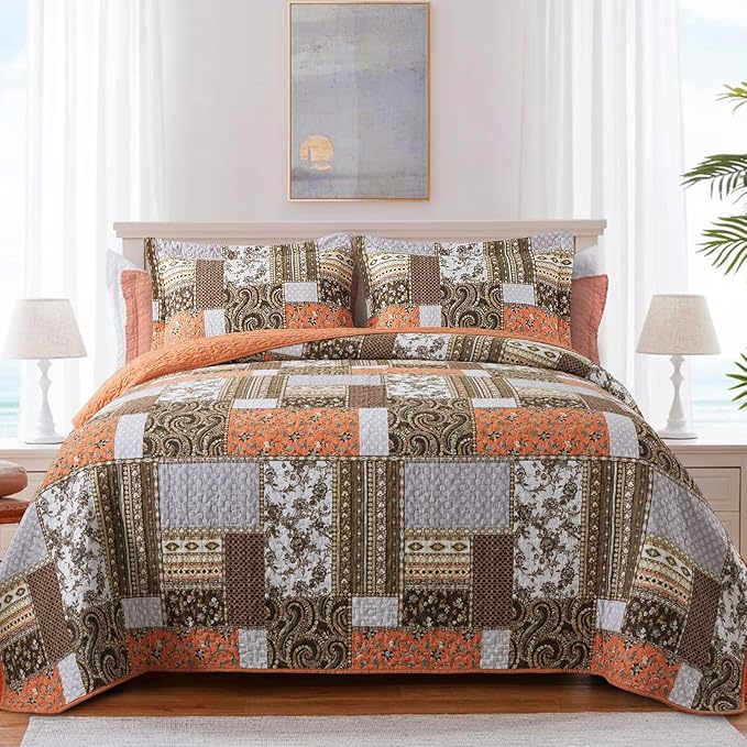 BEDIFANY Farmhouse Cotton Quilts Queen Size for Fall - Lightweight Patchwork Autumn Bedspread Set for Bed Coverlet - Highly-Woven Soft Reversible Bed Spread for All Seasons (Floral Orange) 3 Pieces