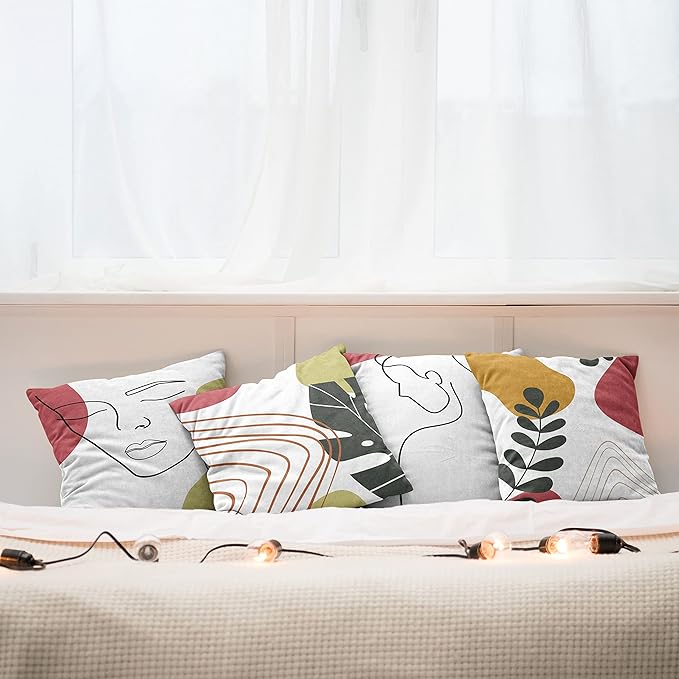 Ambesonne Minimal Throw Pillow Cushion Case Pack of 4, Modern Line Art Woman Portrait Contemporary Leafy Geometric Details, Modern Accent Double-Sided Digital Printing, 24", Olive Green and Dark Coral