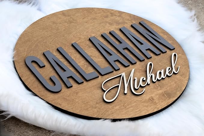 Custom Round Nusery Name Sign, Personalized 3D Baby Name Announcement Sign, Personalized Wooden Wall Plaque, 3D Wall Art for Children & Kids Rooms, Family Name Signs, 30 Colors (Design 10)