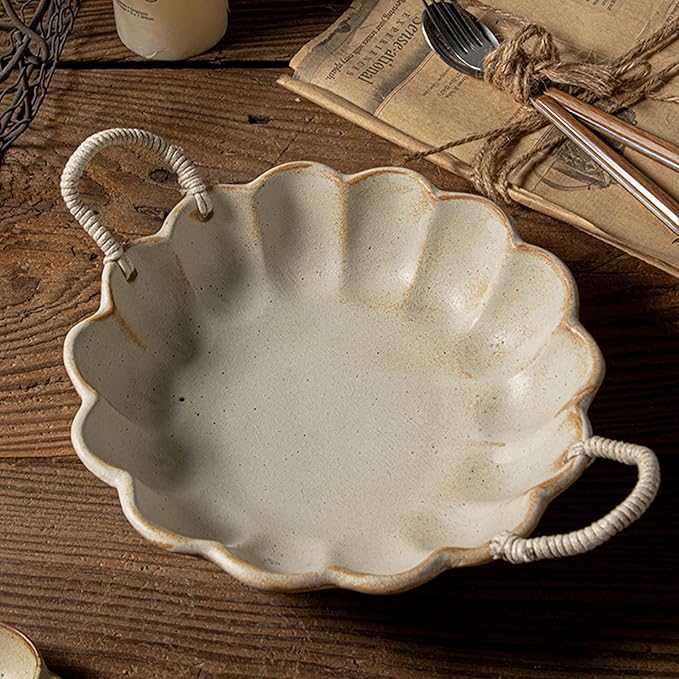 Small Vintage Scalloped Ceramic Bowl with Rope Handles, Retro Style Glazed Purse Bowl for Serving Fruit,Salad,Table Centerpiece Decor (Retro Yellow)