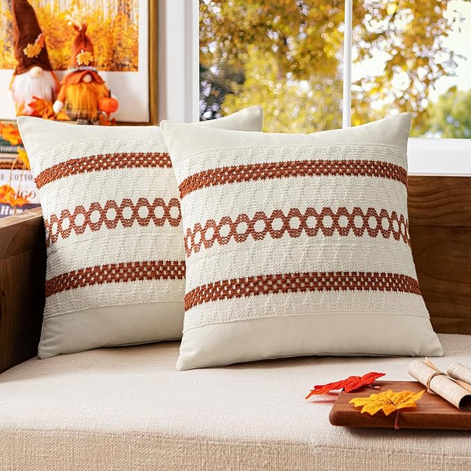 MIULEE Set of 2 Burnt Orange Fall Decorative Pillow Covers 18x18 Inch Farmhouse Rustic Boho Couch Throw Pillows Modern Cotton Cushion Covers Retro Cute Macrame Woven Home Decor for Bed Sofa Chair