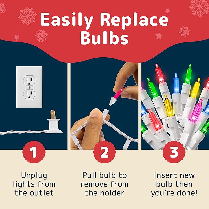 PREXTEX 50 Ct. Multi-Color Christmas Tree Lights with White Wire - 10 Ft Holiday String Lights for Indoor and Outdoor Use - Multicolor Twinkle Christmas Tree Decoration with End-to-End Connectors
