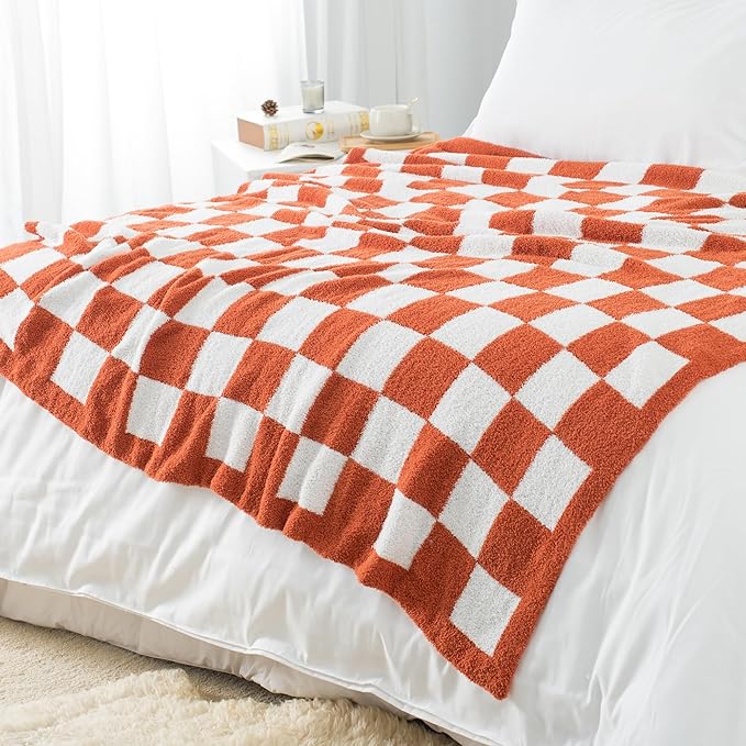 Carriediosa Checkered Throw Blanket 60" X 80" Twin, 400GSM Ultra Soft Microfiber Fuzzy Fluffy Reversible Cute Preppy Knitted Blankets Cozy Plush Fall Throws for Couch, Bed, Sofa, Rust