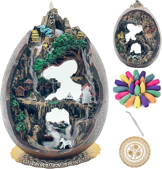 Mountain Waterfall Incense Burner，Backfall Incense Holder River, Incense Falls Meditation Decor for Room with Upgrade Incense Cones and Accessories (2side)