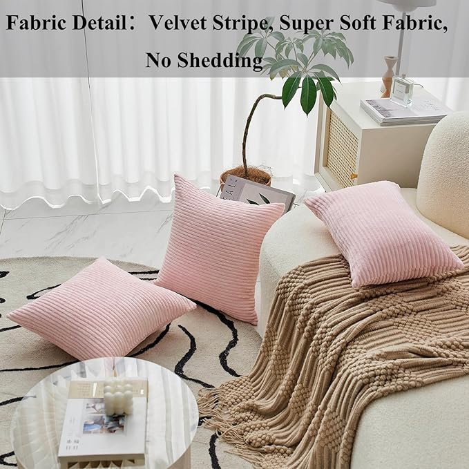 Home Brilliant Coral Throw Pillow 24x24 Pillow Covers for Room Large Euro Sham Super Soft Striped Velvet Couch Throw Pillow Cover for Wedding, 24 x 24 (60cm), Blush Pink