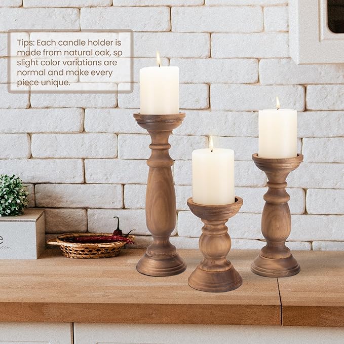 Rustic Wooden Pillar Candle Holders Set of 3, 12'' 9'' 6'' Farmhouse Wood Candle Stand for Table Centerpieces, Vintage Tall Candleholders Fireplace Mantel Decor for Living Room, Brown