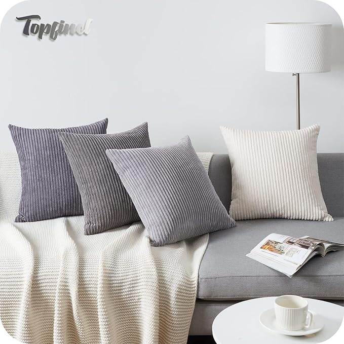 Topfinel Neutral Grey Decorative Throw Pillow Covers 18x18 Inch Set of 4,Modern Farmhouse Striped Corduroy Cushion Cases,Square Euro Shams for Sofa,Bedroom,Floor,Car(45cm Dark Gray)