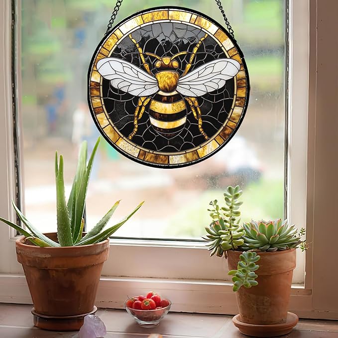 Stained Glass Window Hanging - Black Gold Bee White Wings Sun Catcher for Door Home Decor Insect Suncatcher Christmas Mother's Day Birthday Gifts for Women Men Lovers Mom Nana 9.8 in