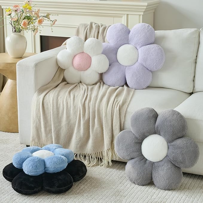 Flower Pillow, Decorative Throw Pillows for Couch Bed, Cute Daisy Home Decor Flower Shaped Pillows for Bedroom Living Room (White, 19.6 Inches)