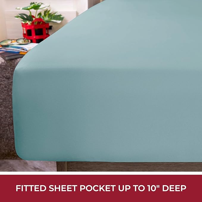 Mellanni RV Short Queen Sheets - 4 PC Iconic Collection Bedding - Hotel Luxury, Extra Soft, Cooling Bed Sheets - Deep Pocket up to 10 inch (RV/Short Queen, Spa Blue)