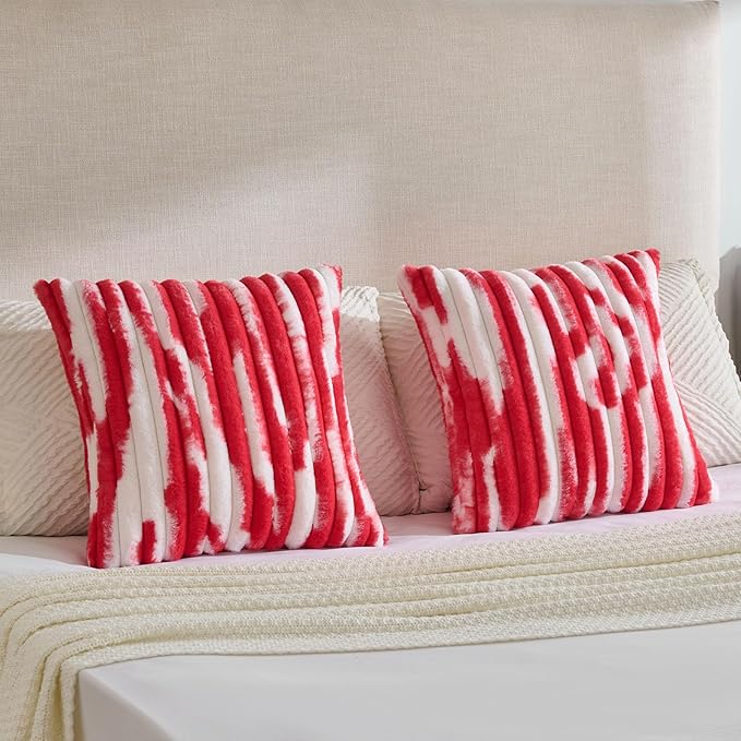 FUTEI Red Decorative Throw Pillow Covers 22x22 Inch Set of 2, Soft Tie-Dye Faux Rabbit Fur Striped Texture Cushion Case, Modern Home Decor for Couch Bed Living Room