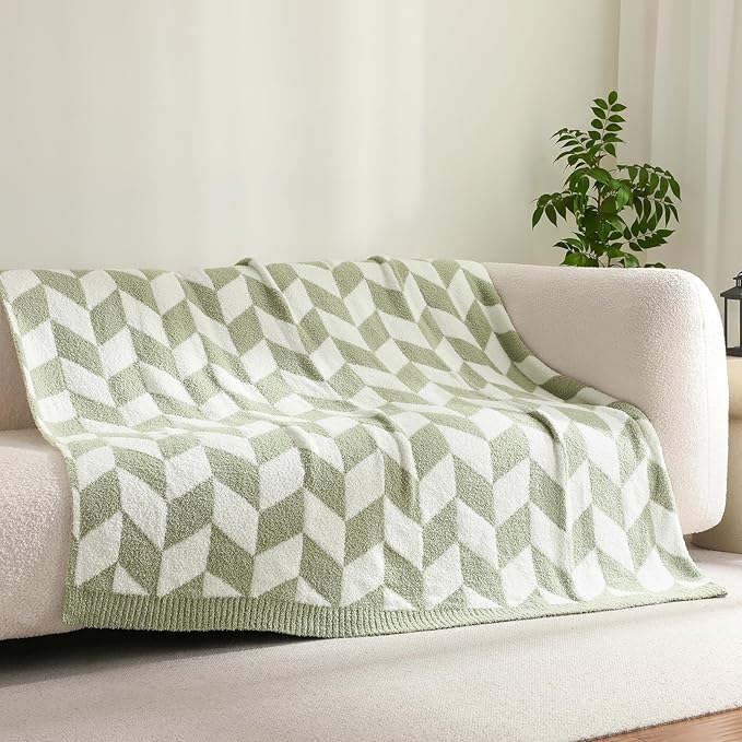 Snuggle Sac Sage Green Bedding Blankets Twin Size, Super Soft Warm Blankets Oversized Cozy Knit Fuzzy Blanket for Living Room, Chevron Green,60x80 inches