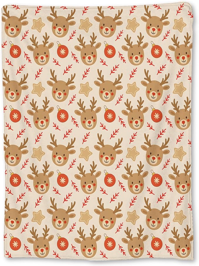 Christmas Reindeer Blanket, Soft Lightweight Flannel Cute Reindeer Faces Throw Blanket for Couch, Bed, Travel & Holiday Decor Gifts, Cozy Warm Fuzzy Festive Blankets for Adults Women Kids 50×40 in