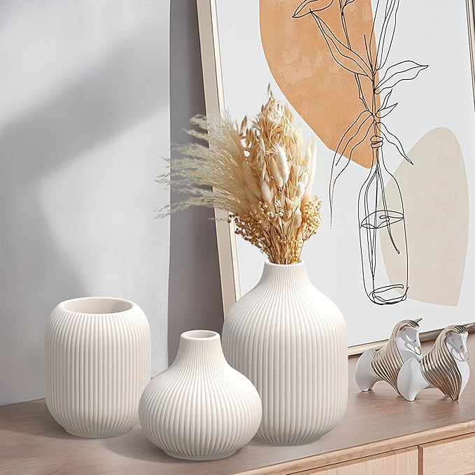 White Ceramic Vases Set of 3, Modern Minimalist Ribbed Vases for Centerpiece, Home Office Shelf Decor, Farmhouse Kitchen Bathroom Bedroom Living Room Decor