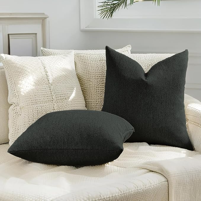 HAUSSY Black Throw Pillow Covers 20x20 Inch Set of 2,Boho Decorative Faux Linen Throw Pillows Cozy Farmhouse Accent Cushion Covers,Home Decor for Couch Sofa Bed Living Room