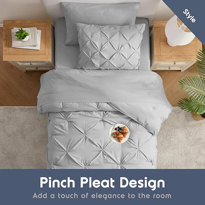 Nestl Twin XL Comforter Set 5 Piece - Pintuck Twin XL Bedding Set Light Grey, College Dorm Room Essentials Bed in a Bag, Twin XL Comforter Set for College Girls & Boys with Sheets, Pillowcase and Sham