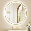 TETOTE Gold Round Led Mirror with Lights 30 Inch Metal Framed Round Circle Lighted Bathroom Vanity Mirror Wall Mounted, Front and Backlit 3 Color Stepless Dimmable Anti Fog, Shatterproof, CRI 90+