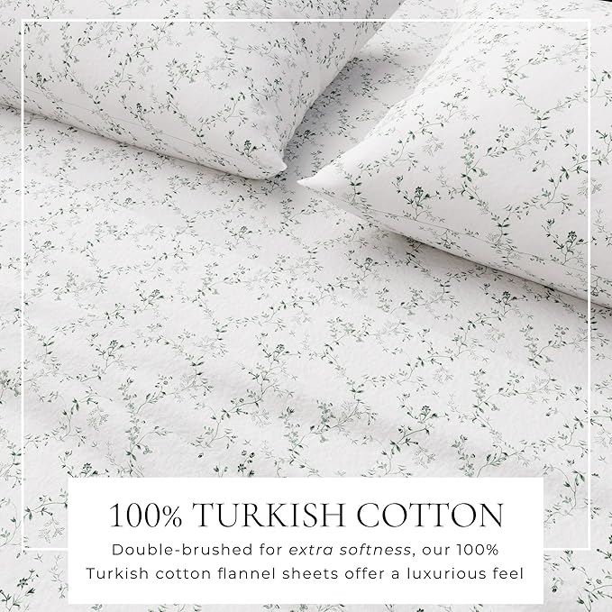 Great Bay Home Flannel Sheet Set Full Size - 100% Turkish Cotton, Double-Brushed, Winter Floral Bed Sheets - Ultra-Soft, Cozy, 4-Piece Bedding Set (Winter Vines Green)