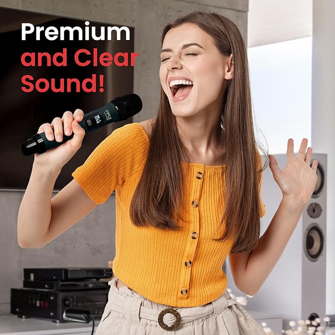 Pyle Portable UHF Band Receiver System, 4 Channel Wireless Microphone System Independent Channel Controls, RF Signal LCD Indicator, Digital Audio Microphone Set with 4 Handheld Microphones