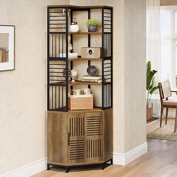 Tribesigns Tall Corner Storage Cabinet, 77.76-Inch Industrial Corner Shelf with Door, 7-Tier Metal Bookshelf Storage Bookcase Display Shelving Unit for Living Room, Rustic Brown