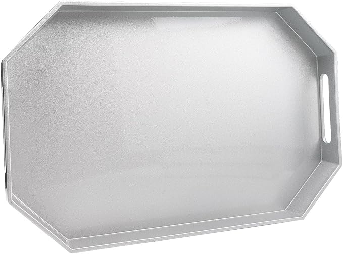 Spsyrine Silver Plastic Serving Tray for Ottoman, Coffee Table, Octagon Decorative Tray for Entertaining, Outdoor, Living Room, Home Decor