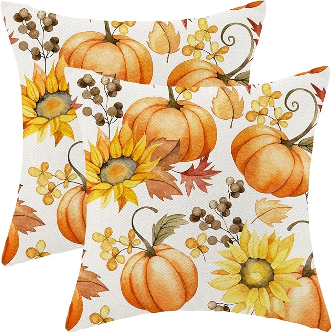 Fall Pillow Covers 18 x 18 Inch, Burnt Orange Pumpkin Yellow Floral Decor Throw Pillows for Home Couch Bed, Autumn Harvest Thanksgiving Decorative Pillowcase Linen Cushion Cover Set of 2