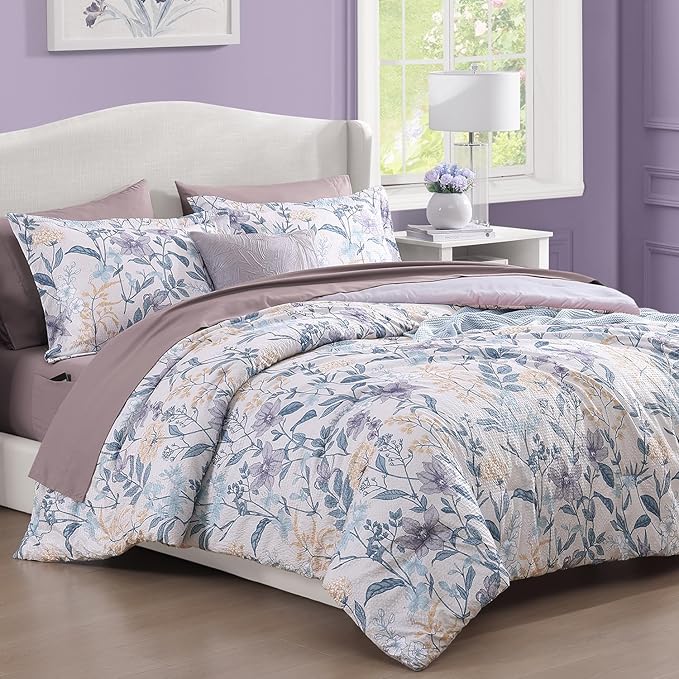 CASAAGUSTO King Comforter Set, 7 PCS Purple Iris Floral Comforter Set with Flowers Leaves Pattern, Soft Seersucker Design All Season King Size Bedding Set(102"X90")