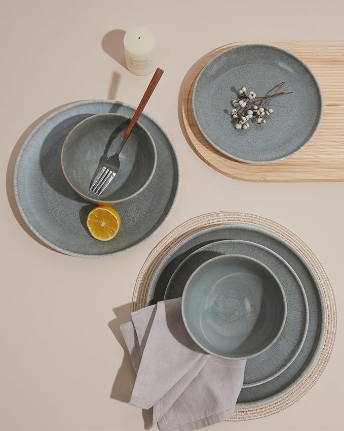 16 Piece Double Bowl Dinnerware Sets, Stain Resistant Dish Set with Pasta Bowls, Easy Cleaning Dishes, Multi-Functional Plate and Bowl, Stack Compactly Plate Set, Service for 4