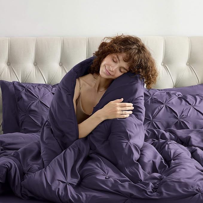 Nestl California King Comforter Set 7 Piece - Pintuck Cal King Comforter Set Purple, California King Bed in a Bag, All Season Bed Set with Flat Sheet and Fitted Sheet, Pillowcases and Shams