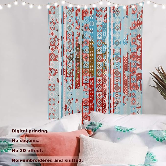 Batmerry Blue Grey Boho Garbage Tapestry, Red Wall Art Hanging Decoration Polyester Fiber White Ruffled Around for Dorm Room Bedroom Living Room, 82.7x59.1 inches