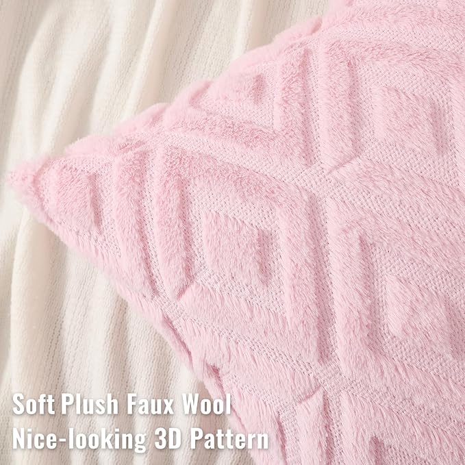 decorUhome Couch Throw Pillow Covers 24x24 Set of 2, Decorative Soft Plush Faux Wool Neutral Accent Pillow Covers for Bed Sofa Living Room, Light Pink