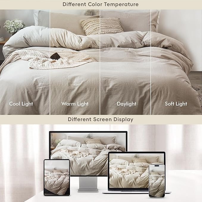 MooMee Bedding Duvet Cover Set 100% Washed Cotton Linen Like Textured Breathable Durable Soft Comfy (Heathered Tannish Linen Grey, King 104"x90")