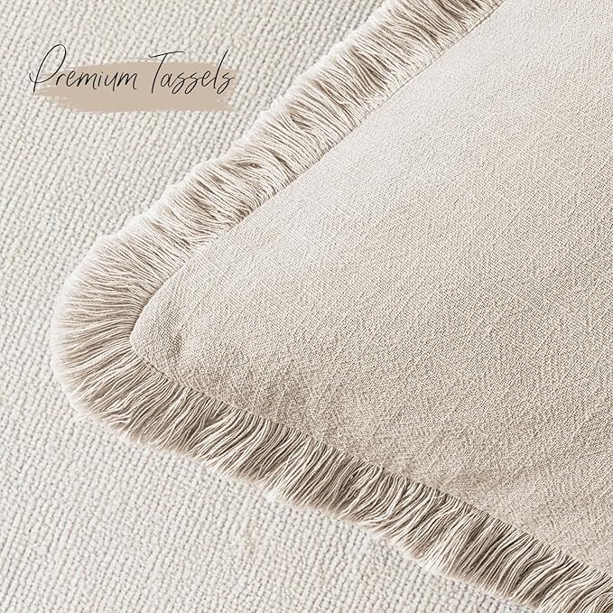 Woaboy Decorative Linen Fringe Throw Pillow Covers Boho Farmhouse Soft Lumbar Cushion Covers Accent Pillowcases with Tassels for Living Room Couch Sofa Bed Chair,12x20 Inch Set of 2,Beige