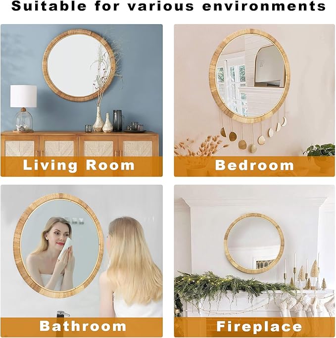 Rattan Round Wall Mirror, 28in Rattan Mirror for Wall, Rattan Frame Boho Mirror for Farmhouse Bedroom Checkroom Livingroom Decor (Natural Rattan)