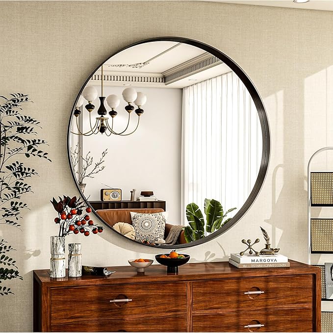 30 inch Round Bathroom Mirror, Black Metal Deep Frame Wall Mounted Circle Mirror for Wall Decor, Living Room, Vanity, Entryway, Hanging or Leaning
