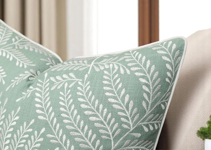 Fern Leaves Embroiderd Decorative Square Accent Throw Pillow Cover - Sofa, Chair, Couch, Bedroom, Living Room, Farmhouse Home Decor - 20x20 Inches, Light Teal