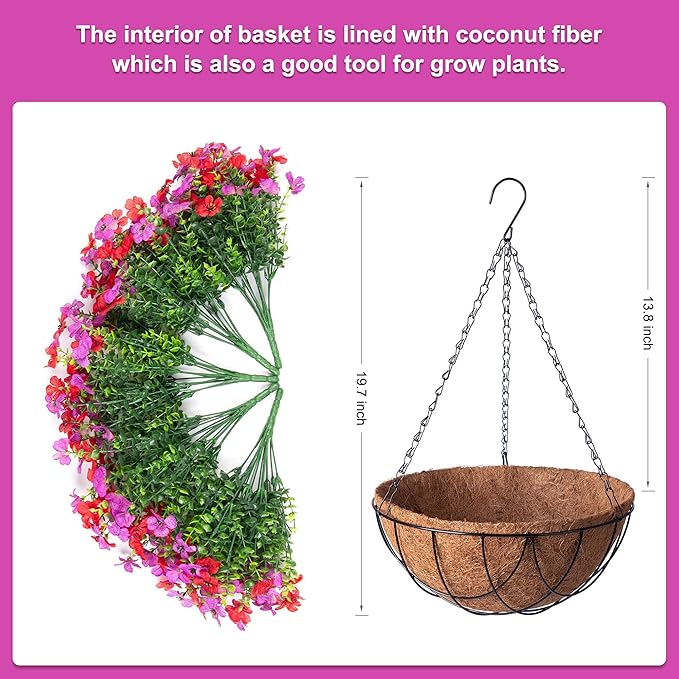 Artificial Silk Flowers Hanging Basket for Outdoor Indoor, Daisy with Eucalyptus Leaves Arrangement for Garden Yard Spring Summer Decor, Faux Green Plant in Metal Coconut Lining Pot(Red Purple)