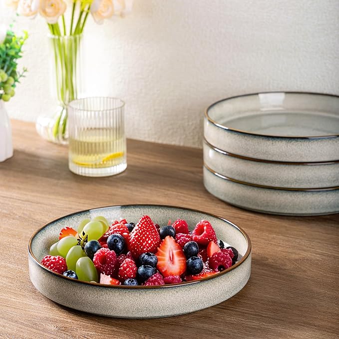 GBHOME 9'' Large Ceramic Pasta Bowls, 32oz Stoneware Pasta Serving Bowls Set of 4 for Kitchen, Wide Bowls for Fruit,Pasta,Salad,Oatmeal,Meal, Microwave Safe, Reactive Glaze-Green Wheat