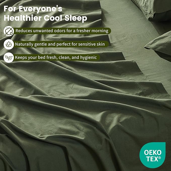 100% Linen Sheet Set Queen Size Extra Deep Pocket Fits 18-24 Inch Mattress, Breathable & Soft, Smooth 4-Piece Set for Thick Mattresses Hotel Luxury Bedding（Queen, Forest Green）