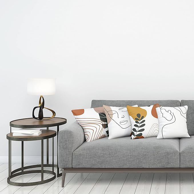 Ambesonne Minimal Throw Pillow Cushion Case Pack of 4, Modern Line Art Woman Portrait with Contemporary Leafy Geometric Details, Modern Accent Double-Sided Digital Printing, 24", Rust Tan and Mustard