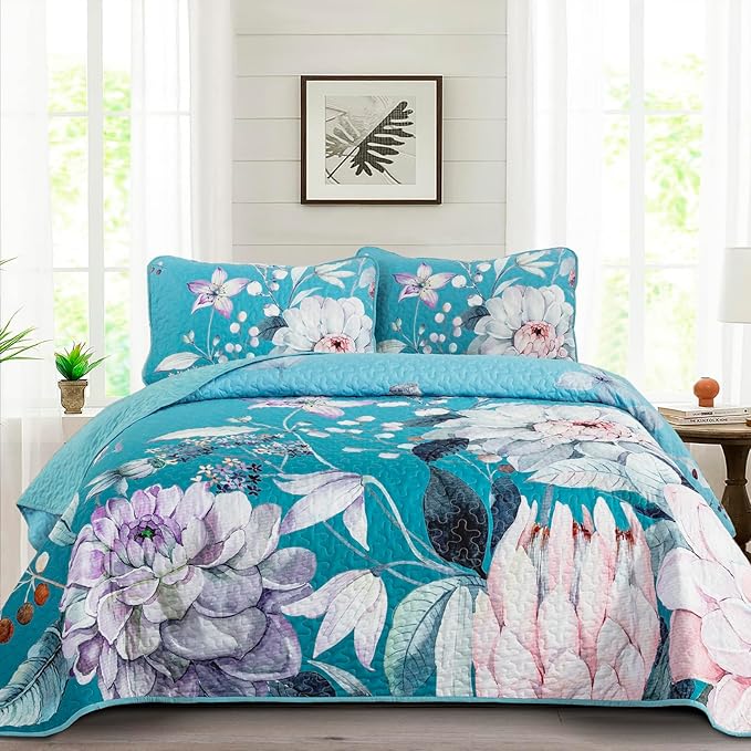 Drucon Floral Quilt Queen Size - 3 Pieces Aqua Blue Quilt Botanical Bedspread Soft Lightweight Flower Bedding Set for All Season (96"x90")
