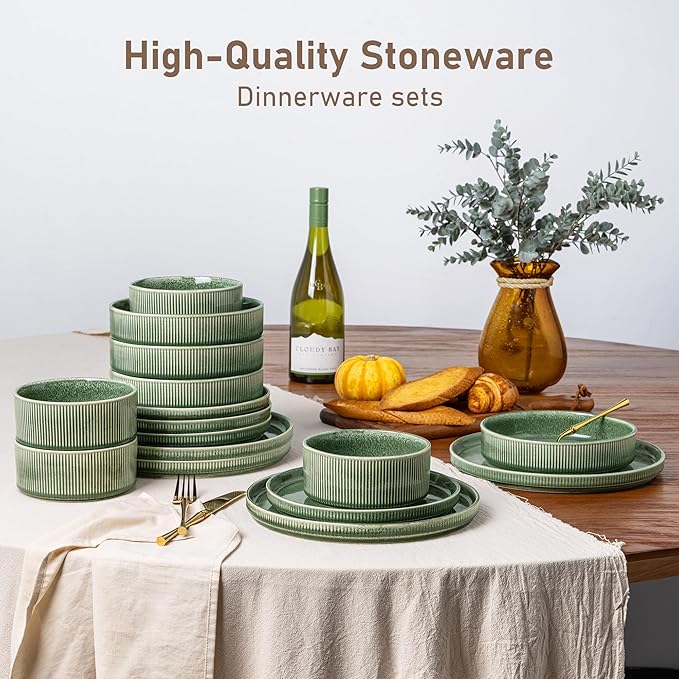 GBHOME Stoneware Dinnerware Sets for 8,Round Reactive Glaze Ceramic Plates and Bowls Set,Highly Scratch Resistant | Dishwasher & Microwave Safe Dishes Set,Service for 8(24Pcs)