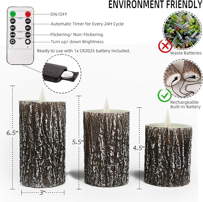 NICEME Rechargeable LED Pine Bark Flameless Candles with Timer Remote USB Cable, Brown Real Wax USB Candles Flickering Fireplace Cabin Decor Electric Fake Battery Pillar Bark Candles, D 3”×H 4”5”6”
