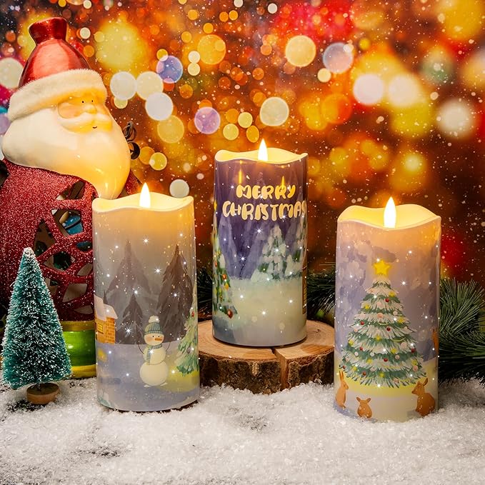 Eywamage Fiber Optic Flameless Candles with Remote, Flickering Battery Operated Christmas LED Pillar Candles Set of 3