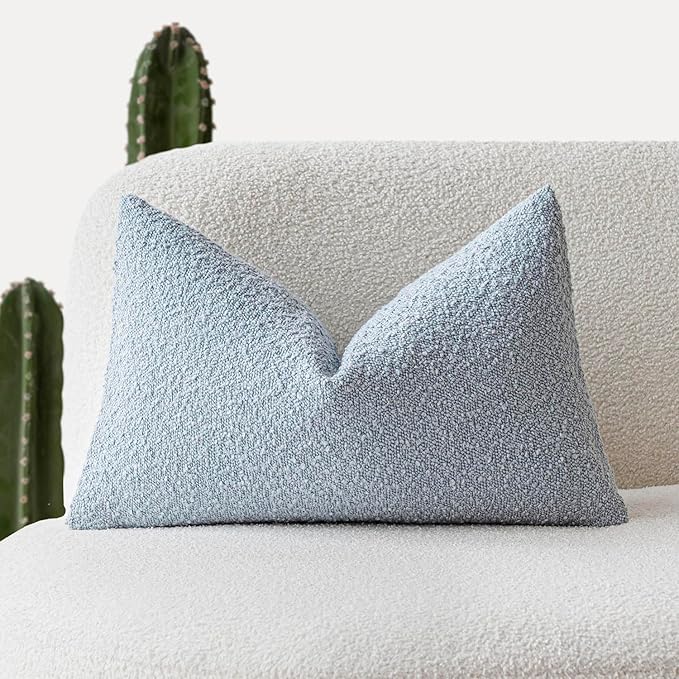 Foindtower Modern Textured Boucle Lumber Throw Pillow Covers Accent Solid Decorative Pillow Cases Cozy Couch Cushion Case for Sofa Bed Living Room Home Decor, 12 x 20 Inch, 1PC, Light Blue