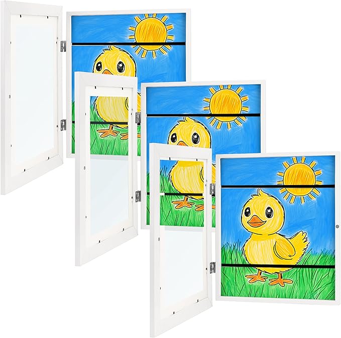 Zenacolor Kids Artwork Frames Changeable - Front-Opening to Display & Store 100 pcs - Set of 3 Kids Art Frame Includes Wall Hooks & Stand - 10x12.5cm - White