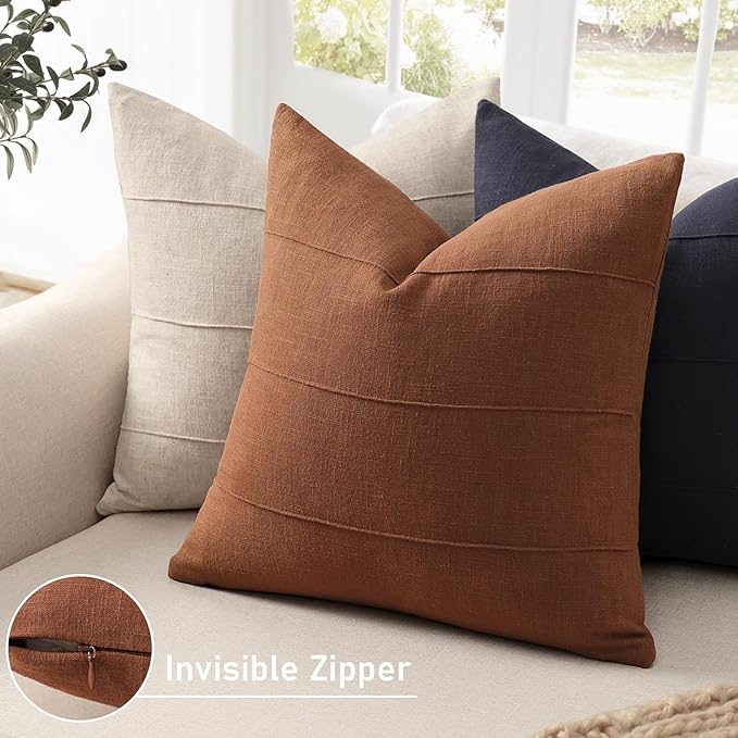 Decorative Linen Throw Fall Pillow Covers 20x20 Set of 2 Solid handcrafted Striped Cushion Covers for Bed Soft Modern Farmhouse Neutral Pillowcase for Couch Bedroom Living Room Home Fall Decor(Rust)